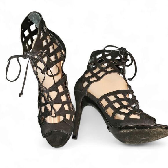 Schutz Laser Cut Cage Gladiator Black Suede Open Toe Stiletto Heel Sz 11 - Picture 7 of 15